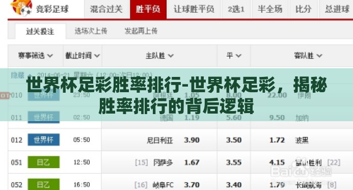 世界杯足彩胜率排行-世界杯足彩,揭秘胜率排行的背后逻辑 世界杯足彩胜率排行-世界杯足彩,揭秘胜率排行的背后逻辑