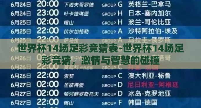 世界杯14场足彩竞猜表-世界杯14场足彩竞猜,激情与智慧的碰撞 世界杯14场足彩竞猜表-世界杯14场足彩竞猜,激情与智慧的碰撞